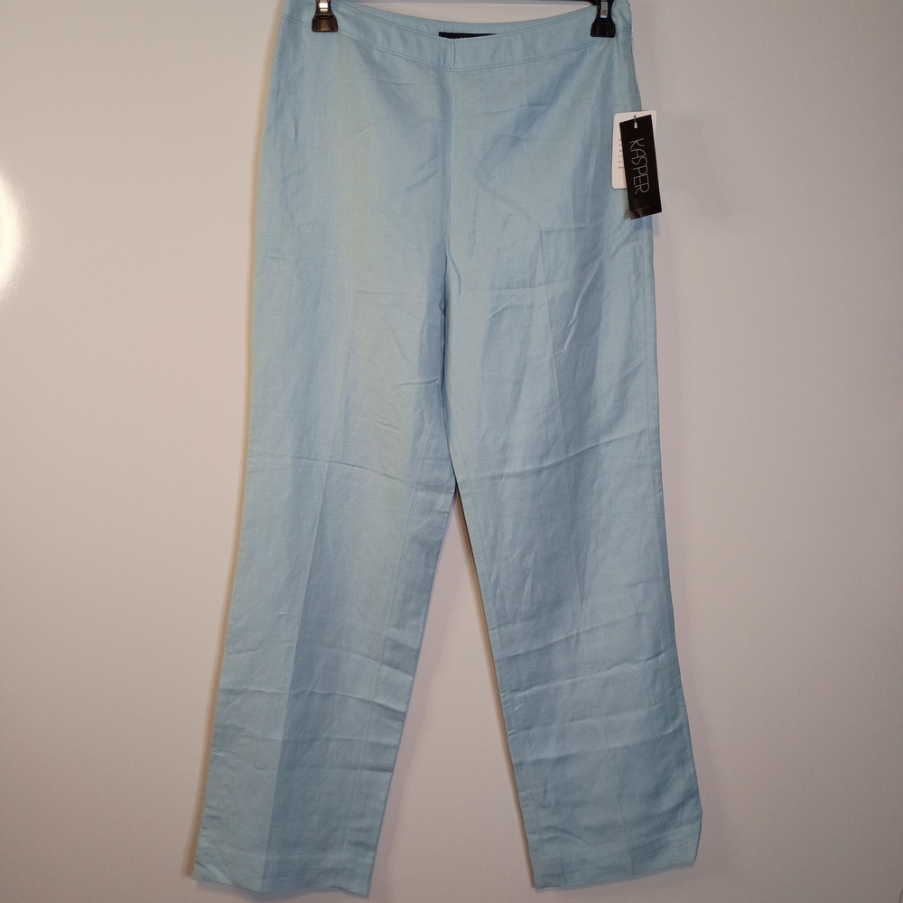 Kasper Linen Blend Light Blue Wide-Leg Flat Front Pants NWT